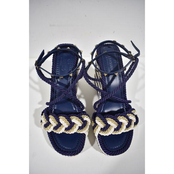 Valentino Rockstud Torchon Blue Stripe Cord Rope Wedge Ankle Strap Sandal 42 - Picture 7 of 12